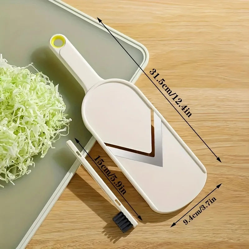 Measurements: slicer 12.4 inches long and 3.7 inches wide, cleaning brush 5.9 inches